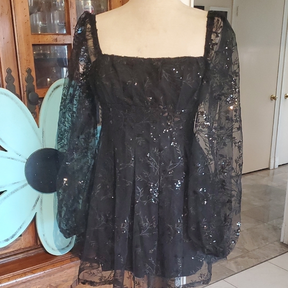 Forever 21 Black A-Line Cocktail Dress with Bishop Sleeves